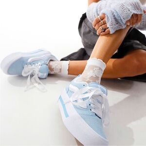 Vans Knu Stack Platform Sneakers Blue Vintage Retro Satin White Womens Size 8